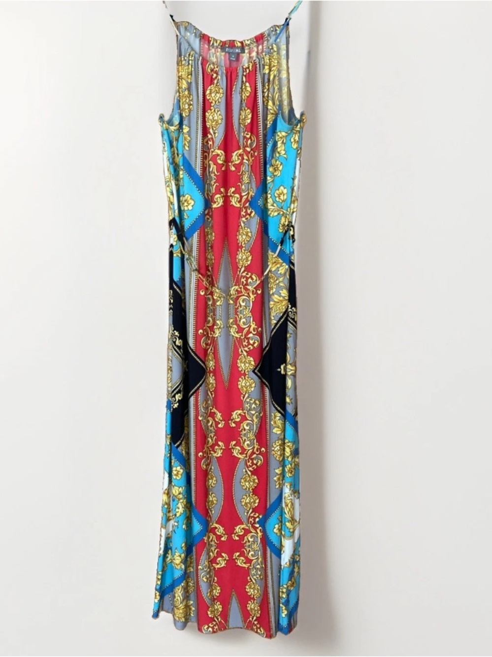 Roz & Ali Red, Turquoise & Gold Belted Baroque Maxi Dress